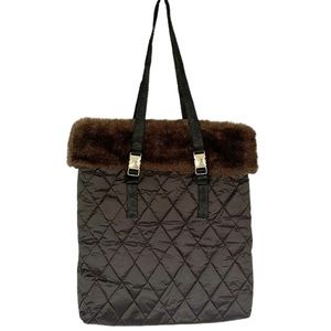 Bath & Body Works black brown quilted fur trim shoulder bag